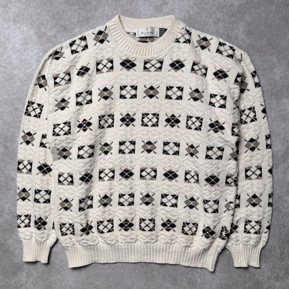 Vintage 90s Bill Blass Made in USA Cream Argyle Sweater
